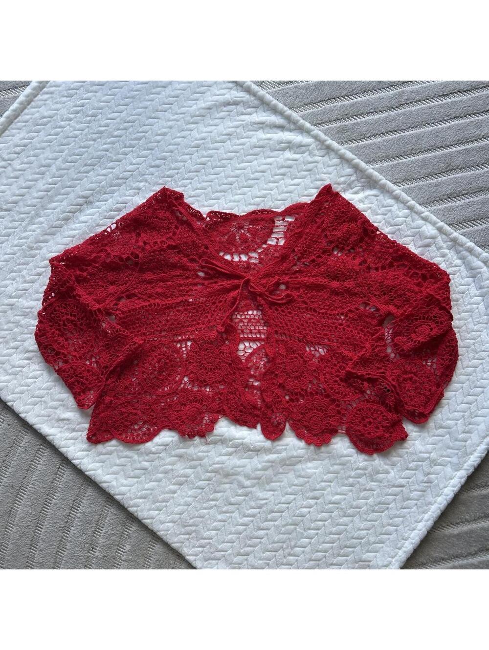 Red crochet bolero shrug with floral and lace-like patterns, size 2XL #fairycore